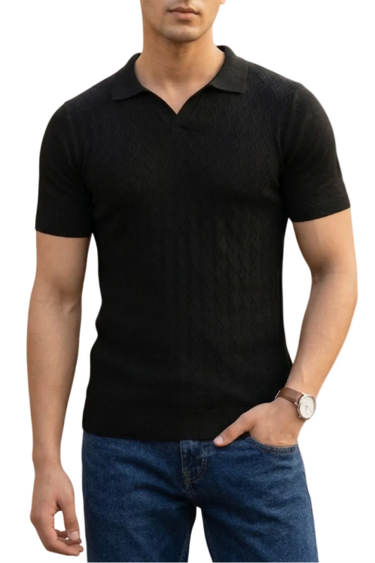 Midnight Black Texture Polo T-Shirt- 100% Cotton