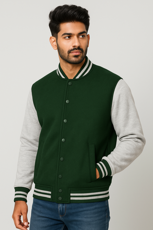 Kleeves Classic 100% Cotton 300 GSM Green Varsity Jacket