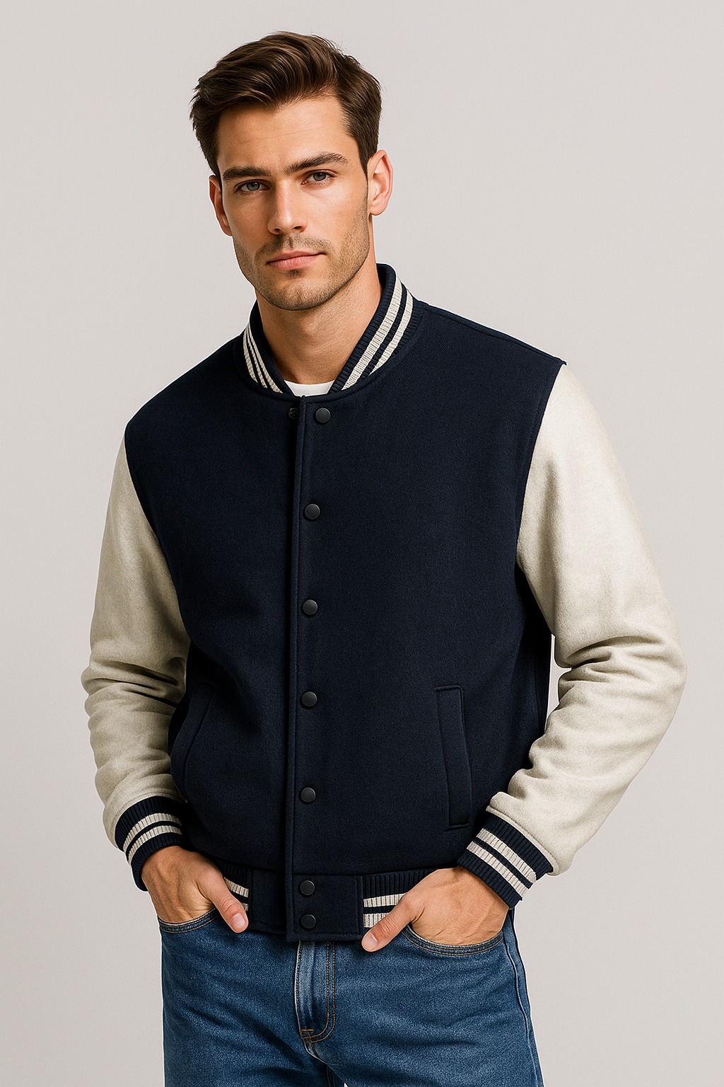 Kleeves Classic 100% Cotton 300 GSM Navy Blue Varsity Jacket