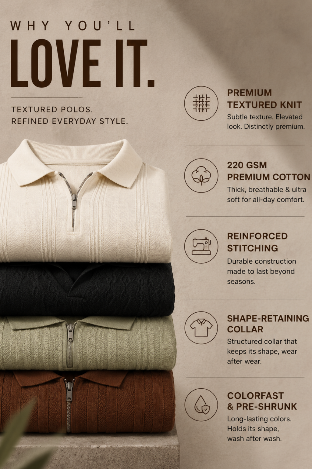 Ivory Line Zip Beige Polo T-Shirt- 100% Cotton