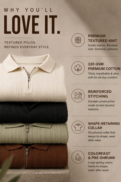 Ivory Line Zip Beige Polo T-Shirt- 100% Cotton