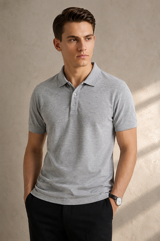 Men's Grey Melange 100% Cotton Polo T-shirt