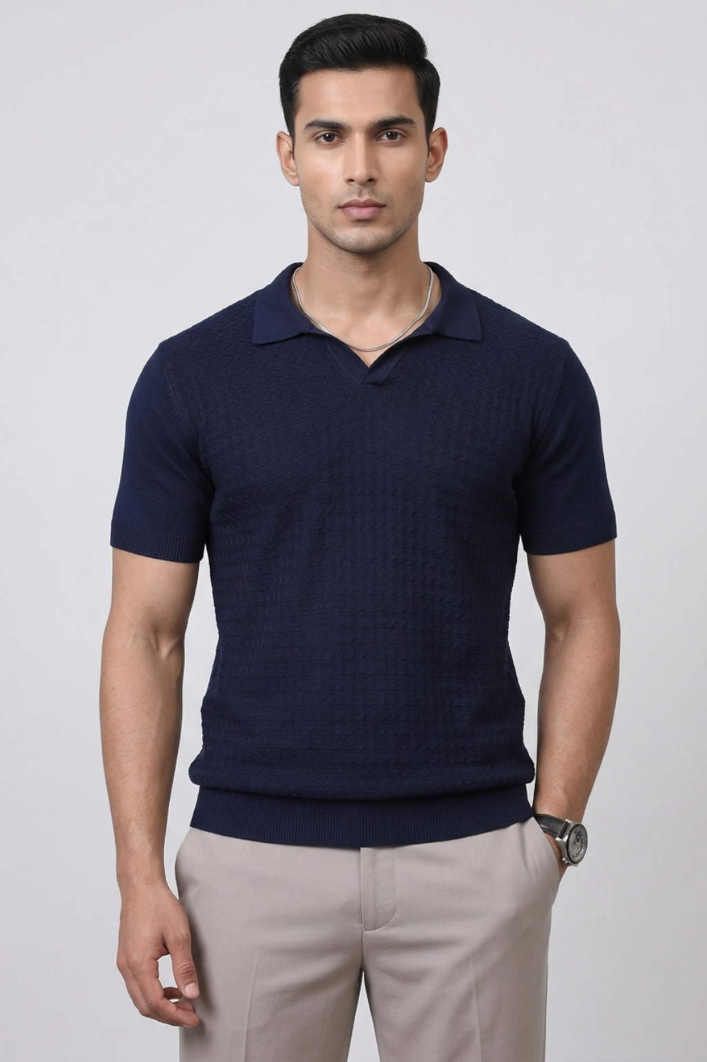 Midnight Weave Navy Blue Polo T-Shirt- 100% Cotton