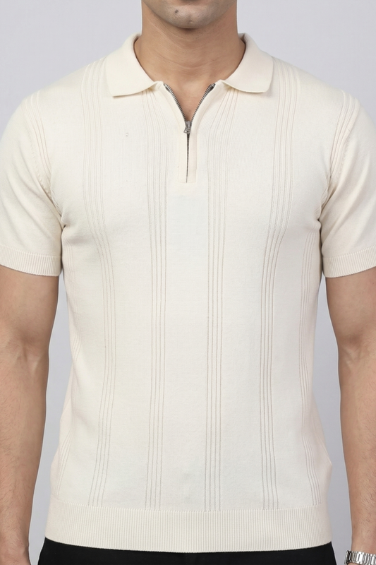 Ivory Line Zip Beige Polo T-Shirt- 100% Cotton