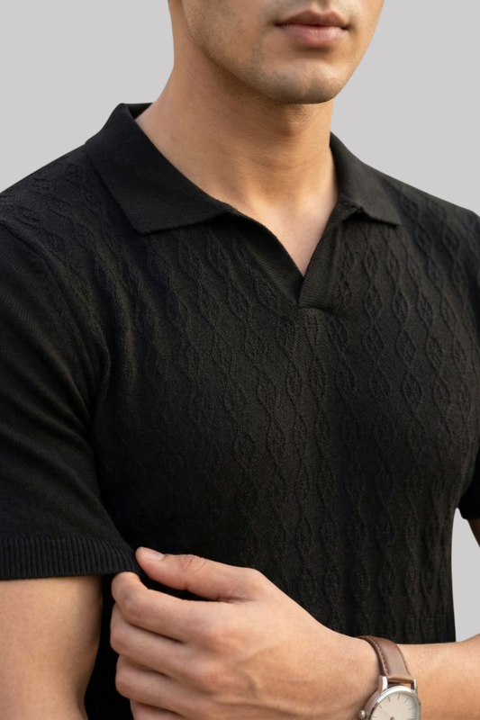 Midnight Black Texture Polo T-Shirt- 100% Cotton