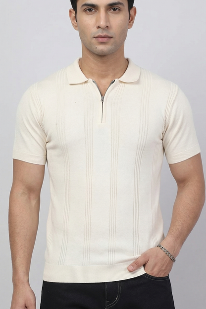 Ivory Line Zip Beige Polo T-Shirt- 100% Cotton