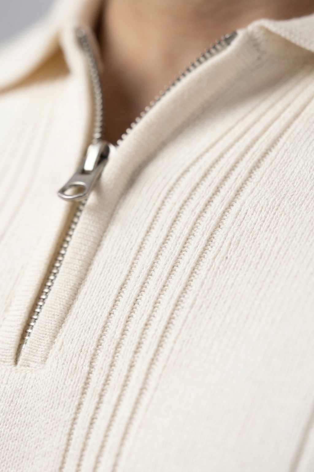 Ivory Line Zip Beige Polo T-Shirt- 100% Cotton