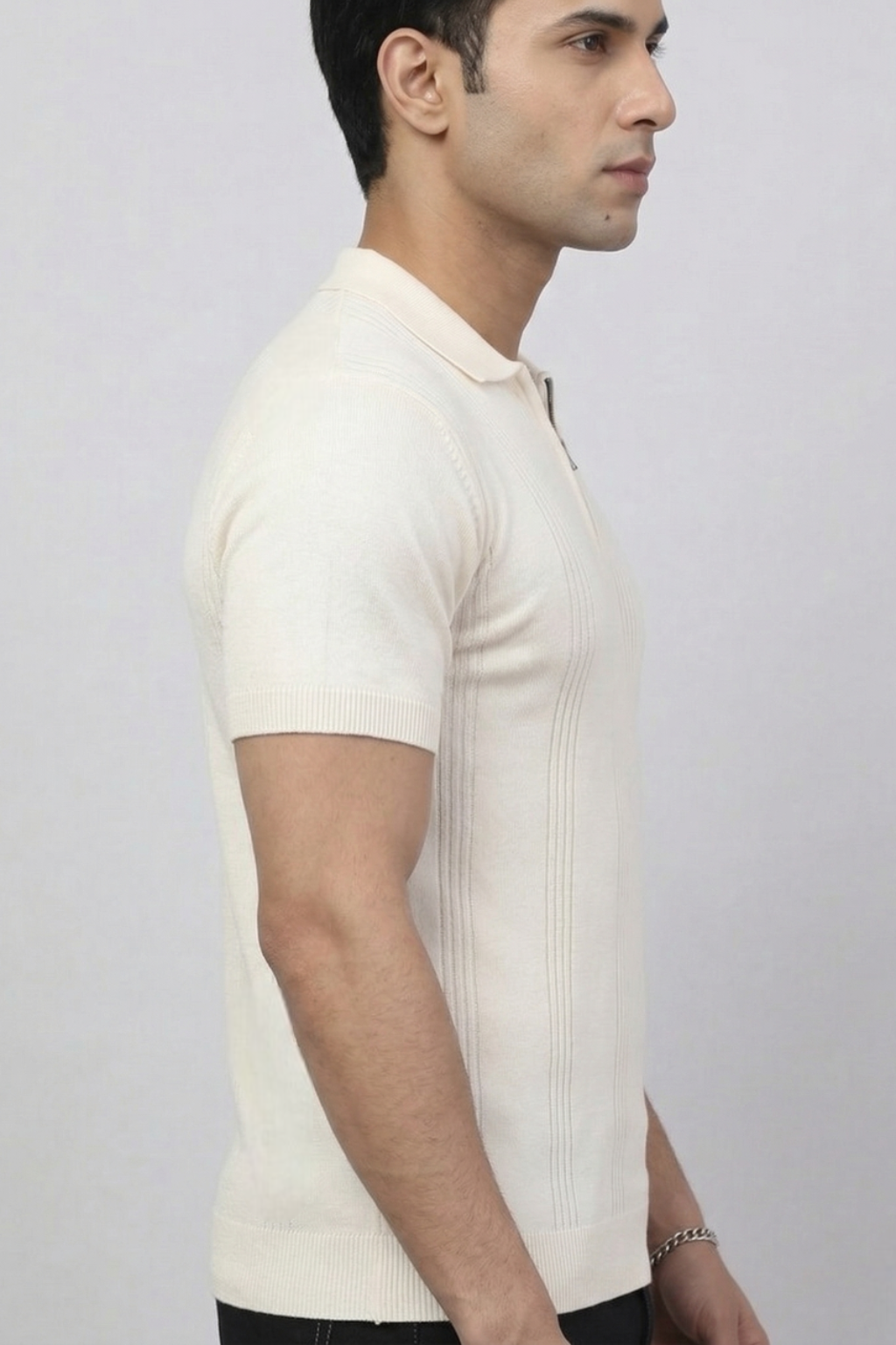Ivory Line Zip Beige Polo T-Shirt- 100% Cotton