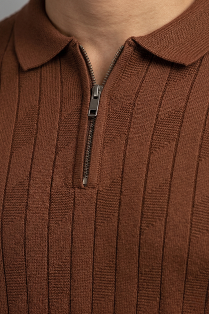 Rustline Zip Brown Polo T-Shirt- 100% Cotton