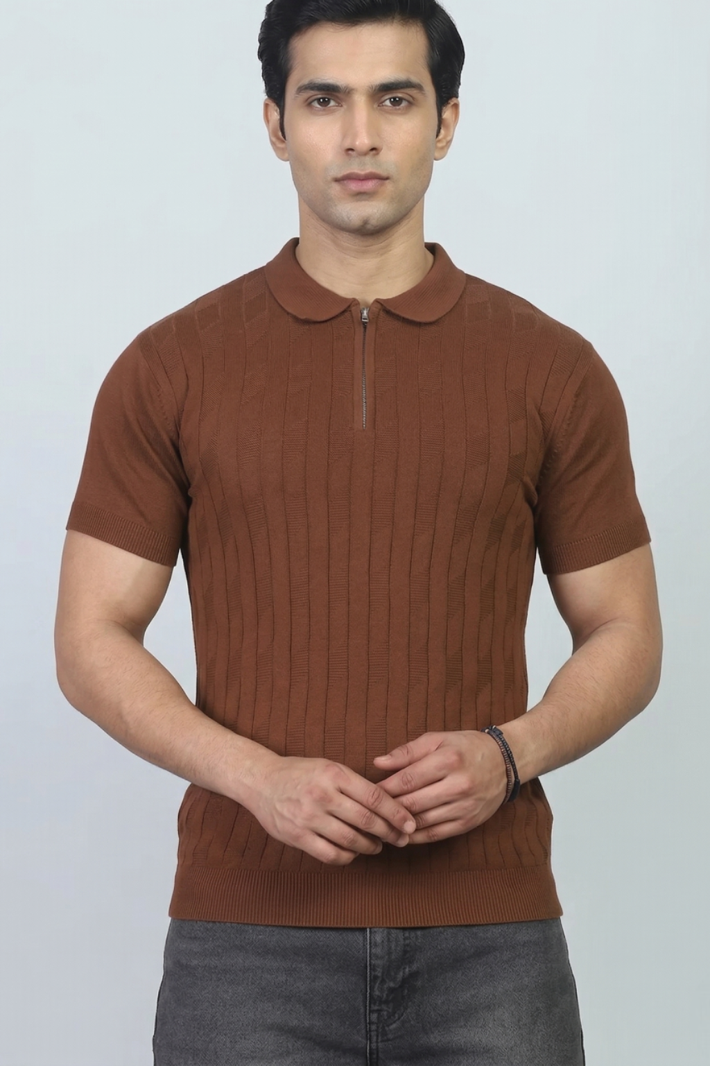 Rustline Zip Brown Polo T-Shirt- 100% Cotton