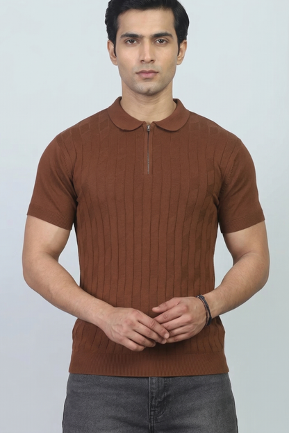 Rustline Zip Brown Polo T-Shirt- 100% Cotton