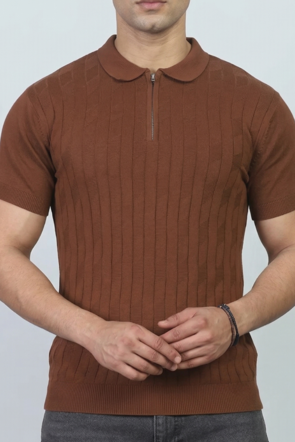 Rustline Zip Brown Polo T-Shirt- 100% Cotton