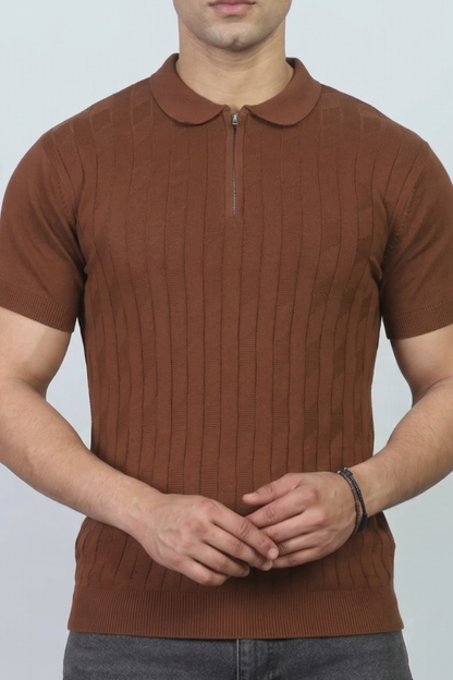 Rustline Zip Brown Polo T-Shirt- 100% Cotton