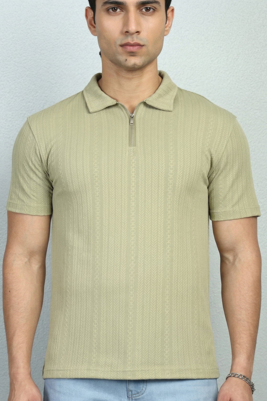 Olive Grid Zip Performance Polo T-Shirt