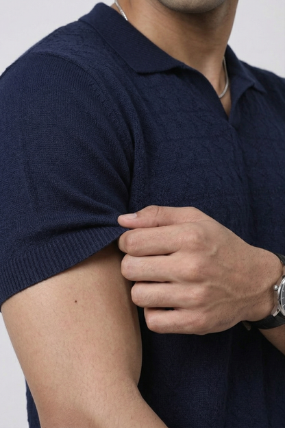 Midnight Weave Navy Blue Polo T-Shirt- 100% Cotton