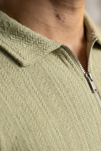 Olive Grid Zip Performance Polo T-Shirt