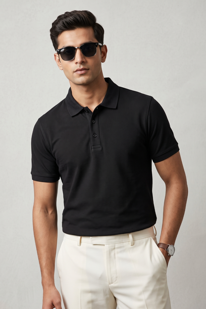 Men's Black 100% Cotton Polo T-shirt