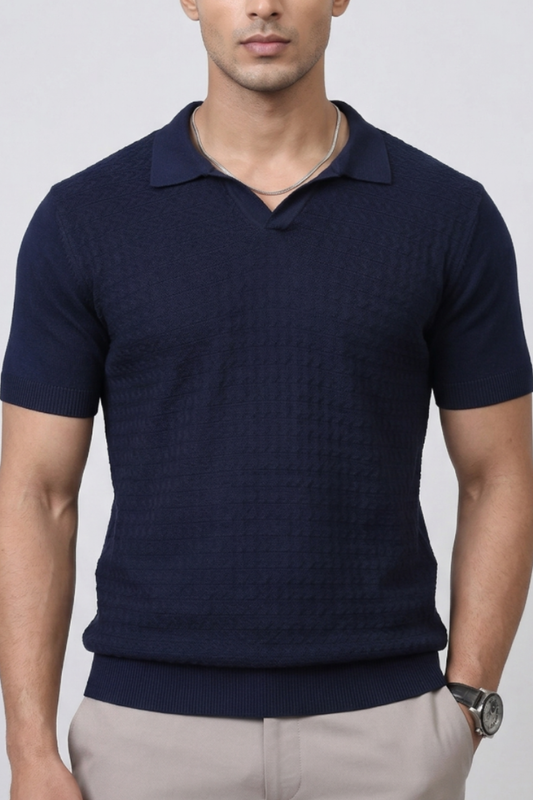 Midnight Weave Navy Blue Polo T-Shirt- 100% Cotton