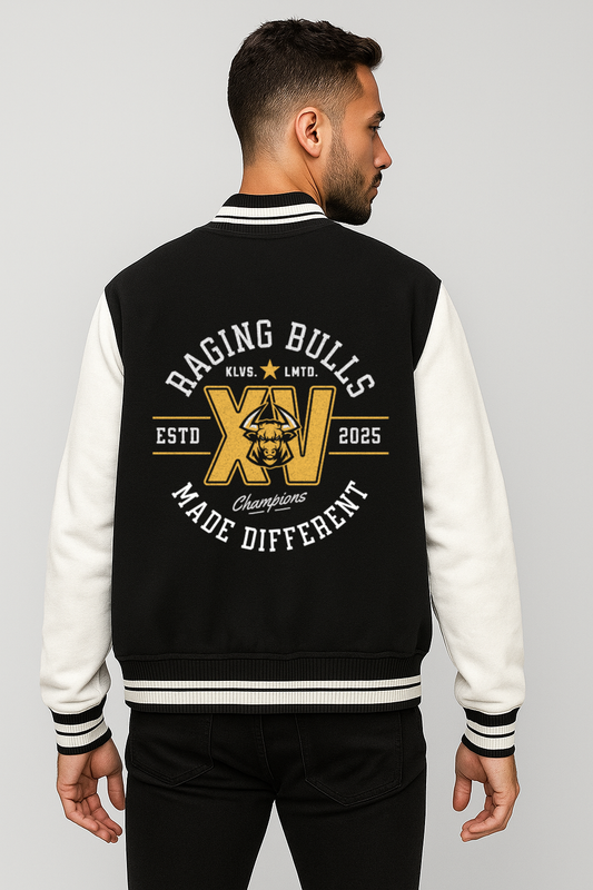 Raging Bulls 100% Cotton 300 GSM Black Varsity Jacket