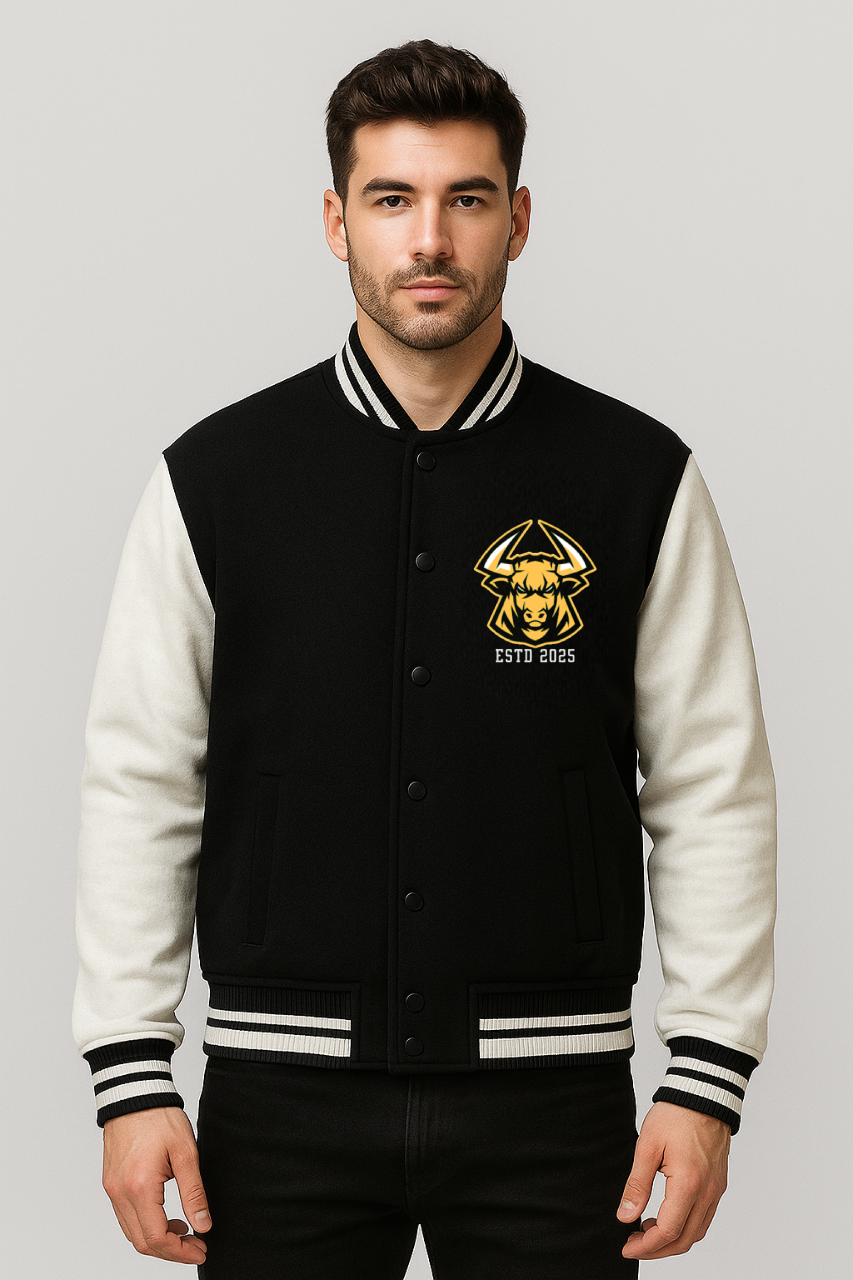 Raging Bulls 100% Cotton 300 GSM Black Varsity Jacket