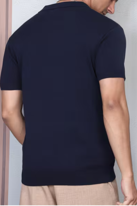 Midnight Weave Navy Blue Polo T-Shirt- 100% Cotton
