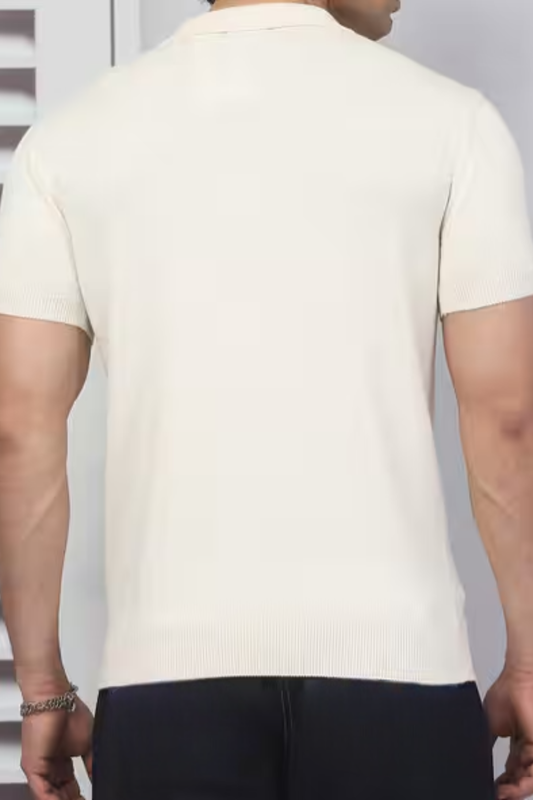 Ivory Line Zip Beige Polo T-Shirt- 100% Cotton